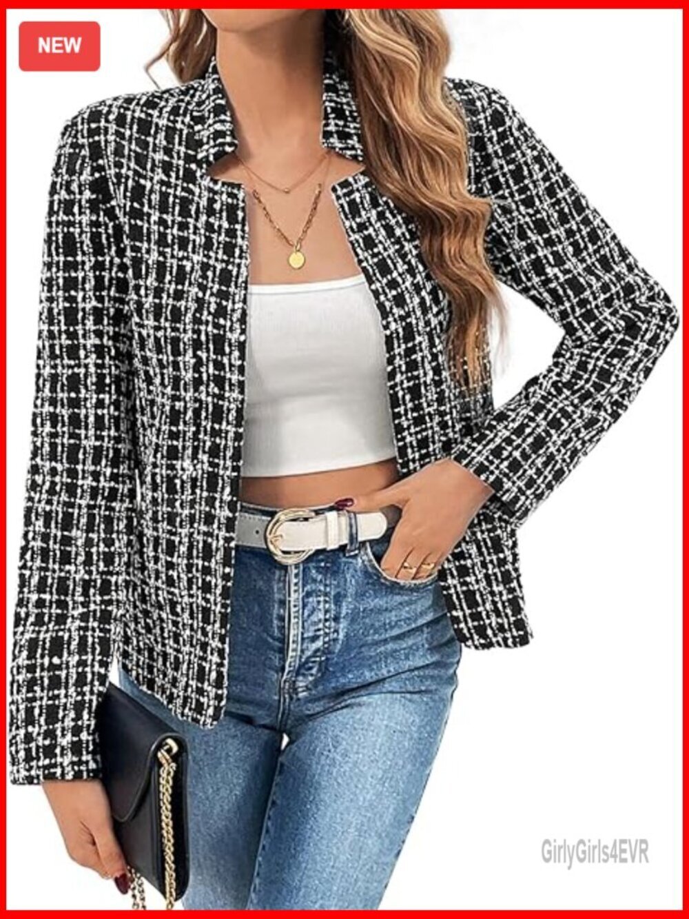 Tweed Blazer Notched Collar Long Sleeve Open Front Business Work Jacket